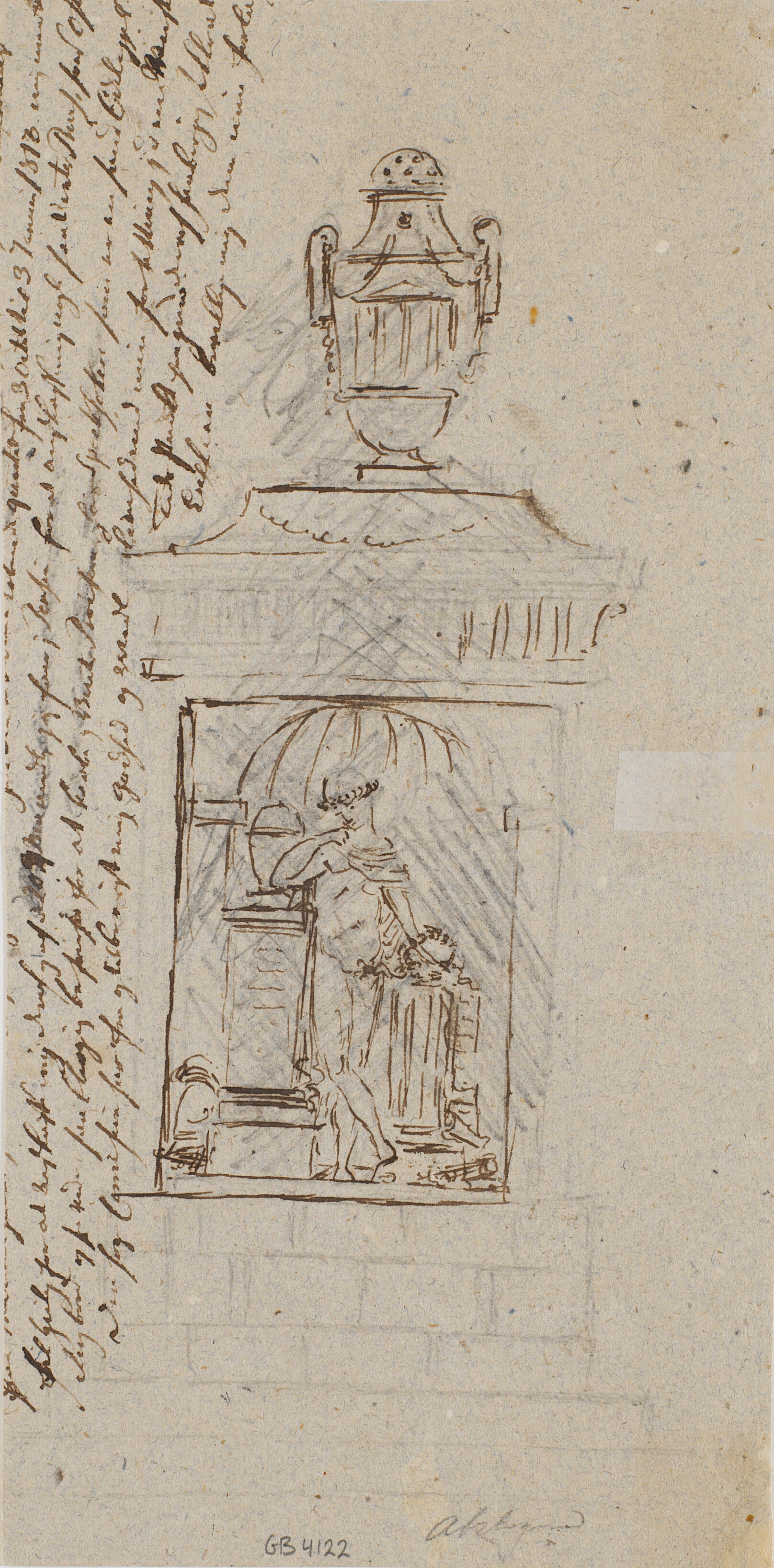 Skitse af monument med Poesiens Genius. Øverst på monumentet en vase